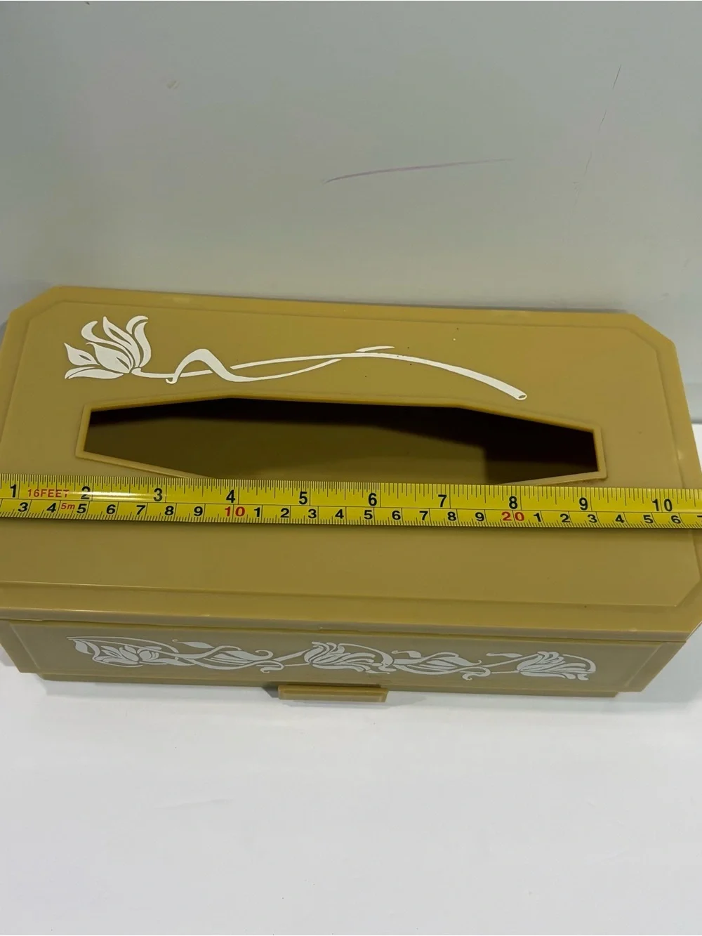 Vintage MCM Yellow Plastic Tissue Box Cover White Flowers With Drawer 70s Retro